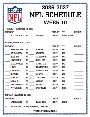 Printable 2026-27 NFL Schedule Week 10