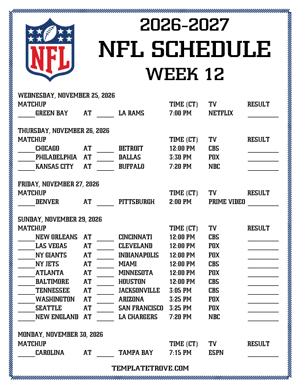 Printable 2026-27 NFL Schedule Week 12 - Central Times