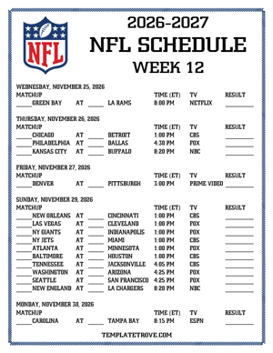 Printable 2026-27 NFL Schedule Week 12