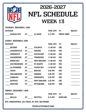 Printable 2026-27 NFL Schedule Week 13 - Mountain Times