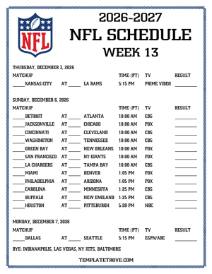 Printable 2026-27 NFL Schedule Week 13 - Pacific Times