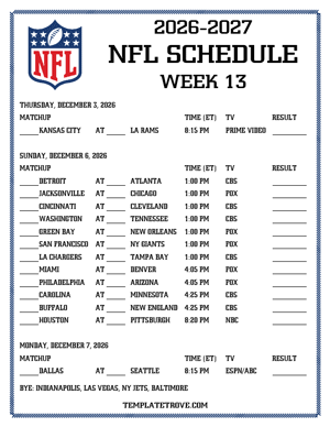 Printable 2026-27 NFL Schedule Week 13