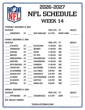 Printable 2026-27 NFL Schedule Week 14 - Mountain Times