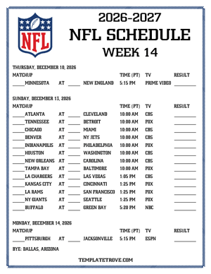 Printable 2026-27 NFL Schedule Week 14 - Pacific Times