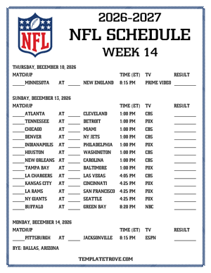 Printable 2026-27 NFL Schedule Week 14