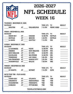 Printable 2026-27 NFL Schedule Week 16 - Central Times