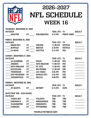 Printable 2026-27 NFL Schedule Week 16 - Mountain Times