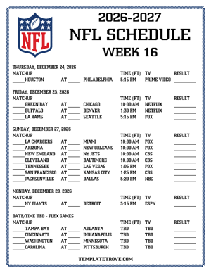 Printable 2026-27 NFL Schedule Week 16 - Pacific Times