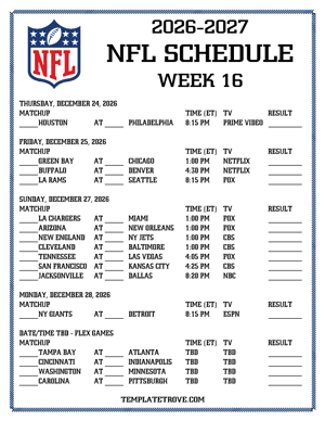 Printable 2026-27 NFL Schedule Week 16