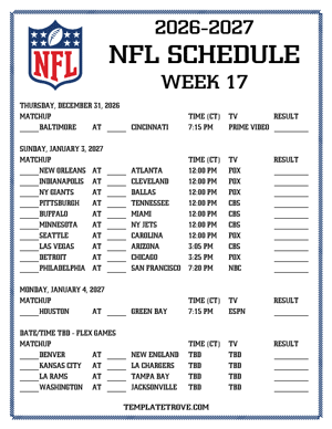 Printable 2026-27 NFL Schedule Week 17 - Central Times