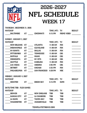 Printable 2026-27 NFL Schedule Week 17 - Mountain Times