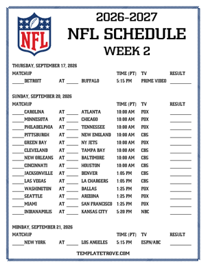 Printable 2026-27 NFL Schedule Week 2 - Pacific Times
