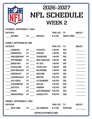 Printable 2026-27 NFL Schedule Week 2