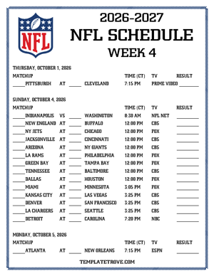 Printable 2026-27 NFL Schedule Week 4 - Central Times