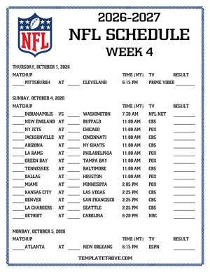 Printable 2026-27 NFL Schedule Week 4 - Mountain Times