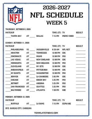 Printable 2026-27 NFL Schedule Week 5 - Central Times