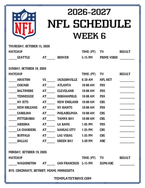 Printable 2026-27 NFL Schedule Week 6 - Pacific Times