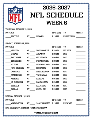 Printable 2026-27 NFL Schedule Week 6