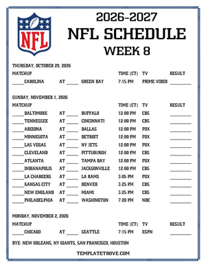 Printable 2026-27 NFL Schedule Week 8 - Central Times