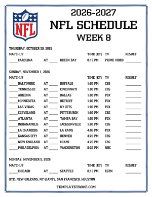Printable 2026-27 NFL Schedule Week 8