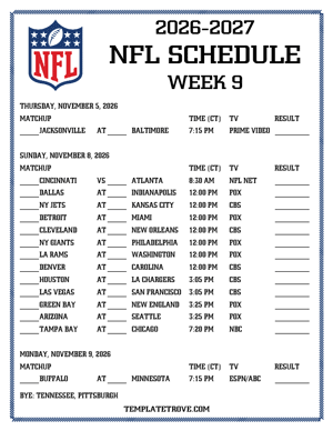 Printable 2026-27 NFL Schedule Week 9 - Central Times