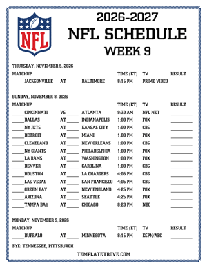 Printable 2026-27 NFL Schedule Week 9
