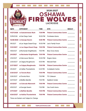 Oshawa Firewolves 2026-27 Printable Schedule