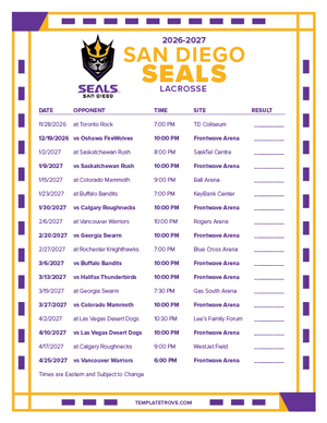 San Diego Seals 2026-27 Printable Schedule