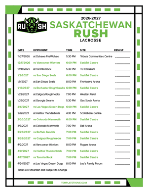 Saskatchewan Rush 2026-27 Printable Schedule - Mountain Times