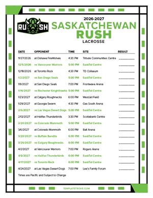 Saskatchewan Rush 2026-27 Printable Schedule - Pacific Times