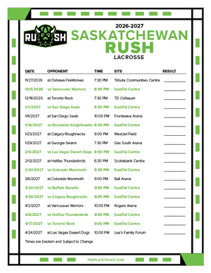 Saskatchewan Rush 2026-27 Printable Schedule