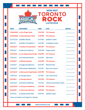 Toronto Rock 2026-27 Printable Schedule