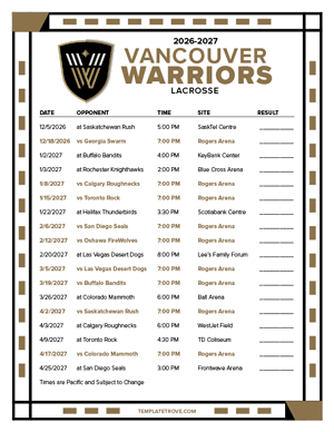 Vancouver Warriors 2026-27 Printable Schedule - Pacific Times