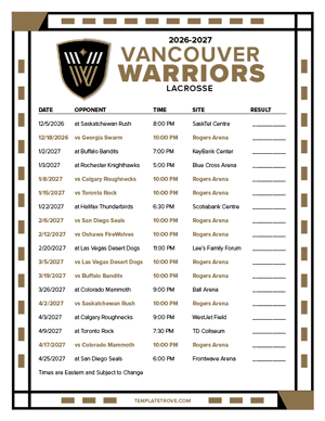 Vancouver Warriors 2026-27 Printable Schedule