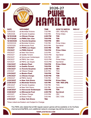 PWHL Hamilton 2026-27 Hockey Schedule