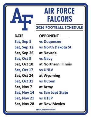 Air Force Falcons Football 2026
 Printable Schedule