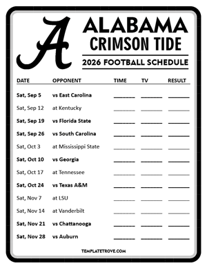 Alabama Crimson Tide Football 2026
 Printable Schedule - Style 4