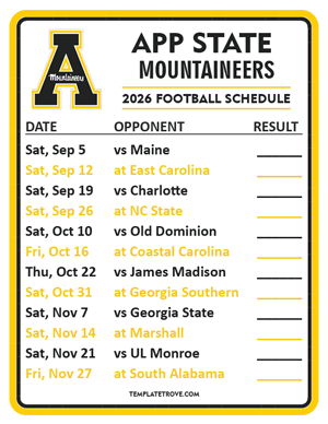 App State Mountaineers Football 2026
 Printable Schedule  - Style 2