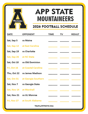 App State Mountaineers Football 2026
 Printable Schedule - Style 3
