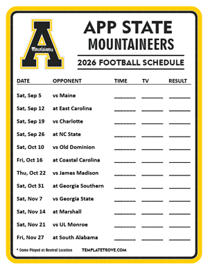 App State Mountaineers Football 2026
 Printable Schedule - Style 4