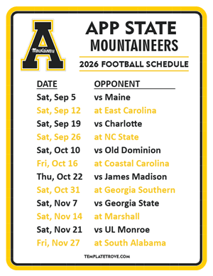App State Mountaineers Football 2026
 Printable Schedule