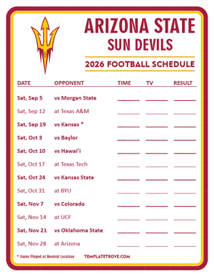 Arizona State Sun Devils Football 2026
 Printable Schedule - Style 3