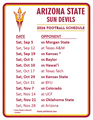 Arizona State Sun Devils Football 2026
 Printable Schedule