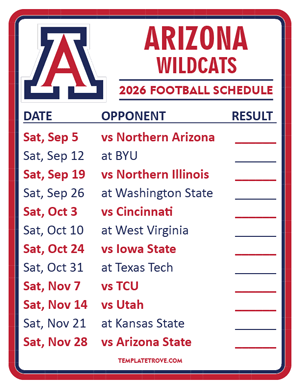 Arizona Wildcats Football 2026
 Printable Schedule  - Style 2