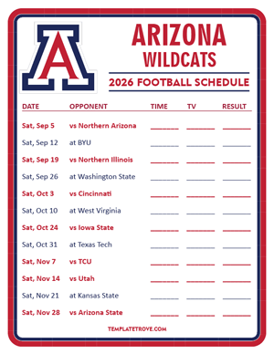 Arizona Wildcats Football 2026
 Printable Schedule - Style 3