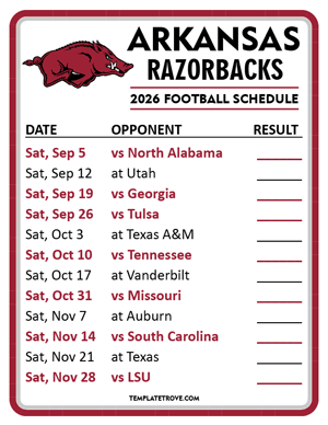 Arkansas Razorbacks Football 2026
 Printable Schedule  - Style 2