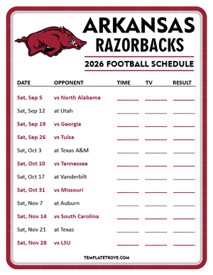Arkansas Razorbacks Football 2026
 Printable Schedule - Style 3