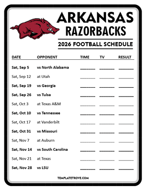 Arkansas Razorbacks Football 2026
 Printable Schedule - Style 4