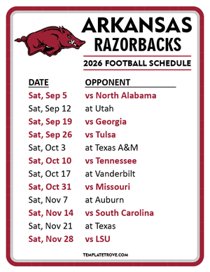 Arkansas Razorbacks Football 2026
 Printable Schedule
