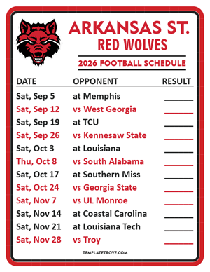 Arkansas State Red Wolves Football 2026
 Printable Schedule  - Style 2